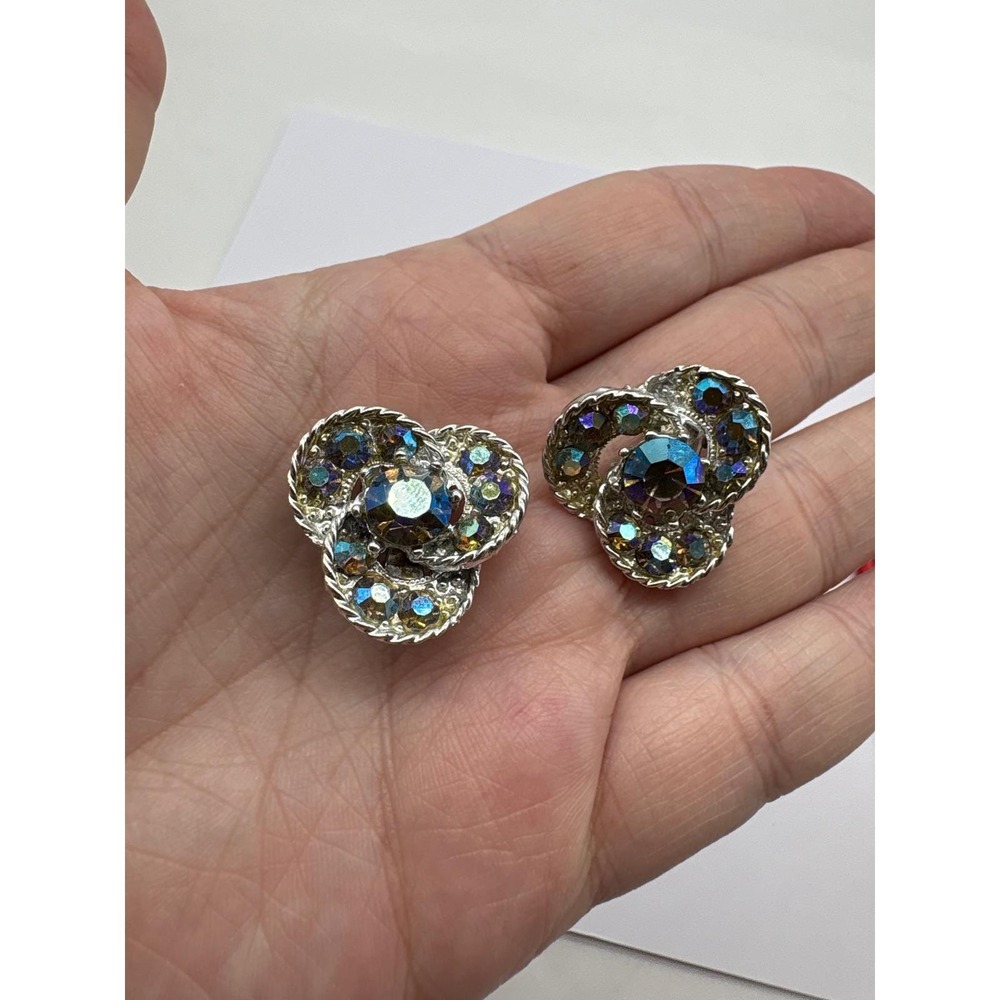 Vintage Aurora Borealis Rhinestone Cluster Clip On Earrings Silver Toned J59